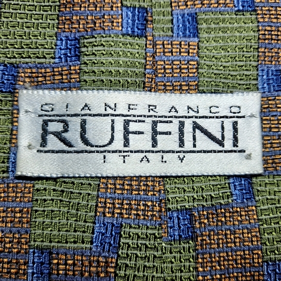 Gianfranco Ruffini 💯 Silk Designer Necktie 58" x 3.75" Green/Gold/Blue Squares - Picture 3 of 9